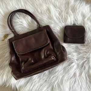 Fossil classic brown leather handbag with matching wallet coin purse